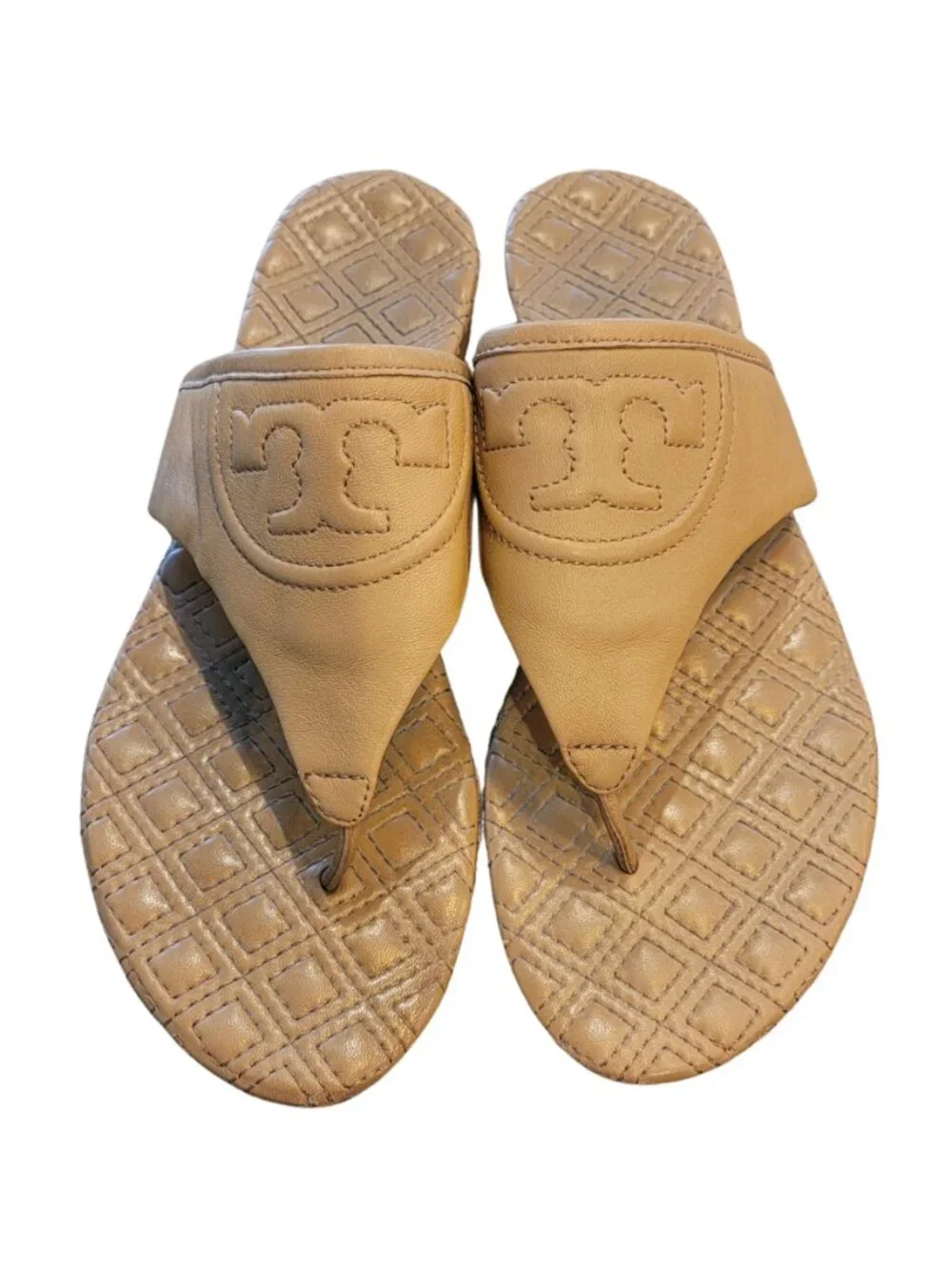 Tory Burch Fleming Thong/Post Toe Leather Sandals with Quilted Sole